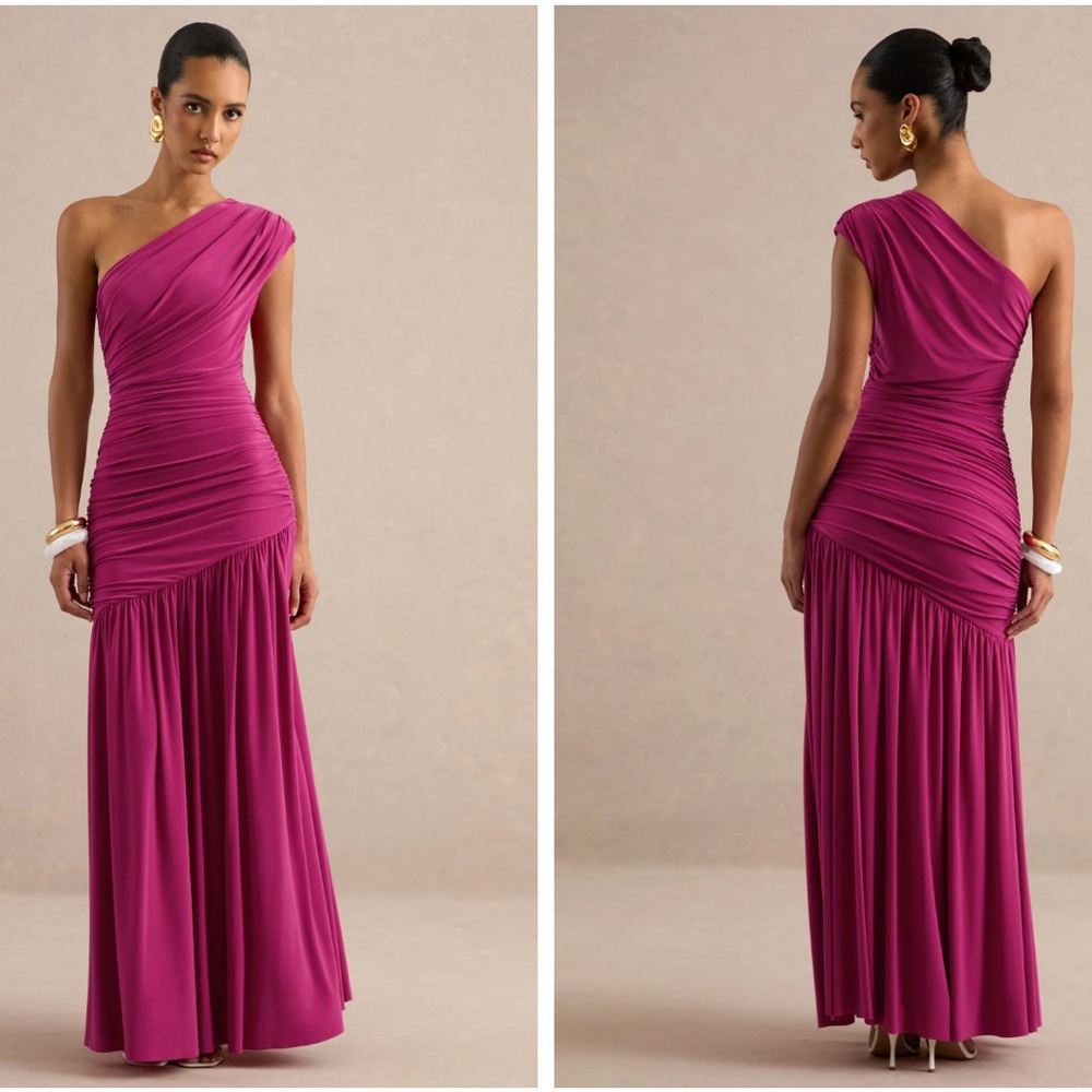 One-Shoulder Ruched Magenta Evening Gown